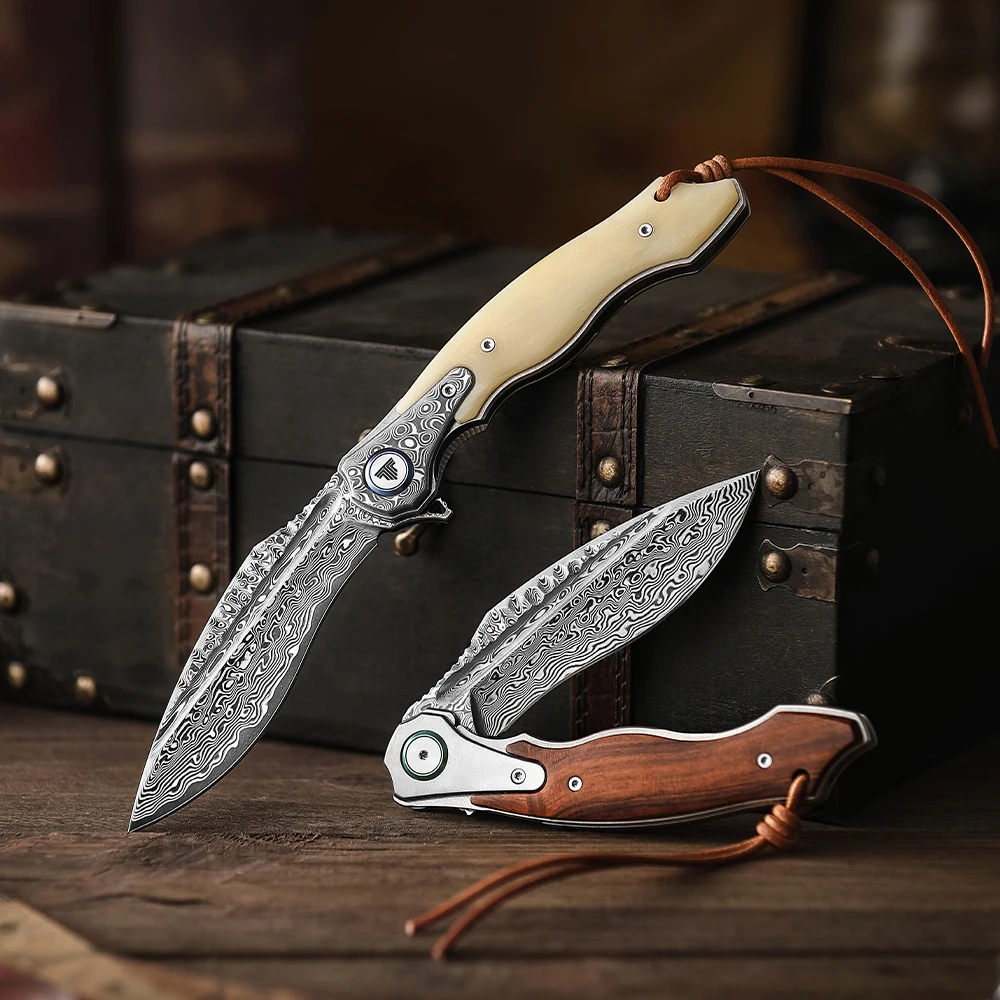 TRIVISA Damascus Folding Pocket Knife for Men, EDC Flipper Knife，Handmade OX Bone Handle，Camping Good knife，Collection & Gifts 6