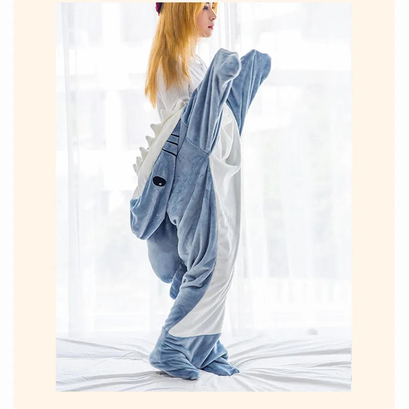 

New Kawaii Shark Pajama Anime Cartoon Cute Flannel Material Girl Comfortable Blanket Pullover Loungewear Loose One Piece Blanket