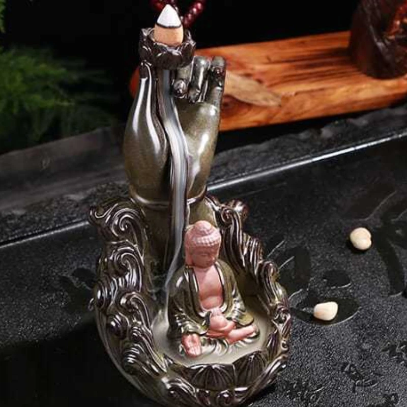 Large Ceramic Backflow Incense Burner with Lotus Hand Design for Home Decor Meditation Zen Atmosphere and Yoga Gift