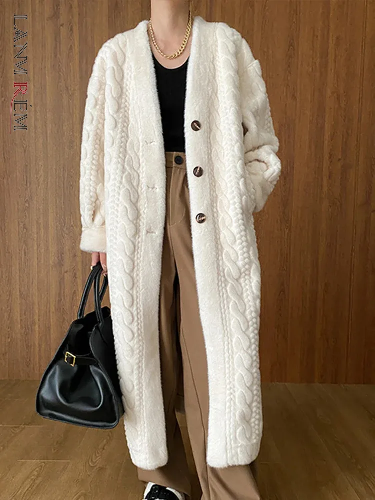 

[LANMREM] Elegant Faux Fur Coats Long For Women Single Breasted V Neck Thick Warm Female Outwear 2023 Winter New 26D7412