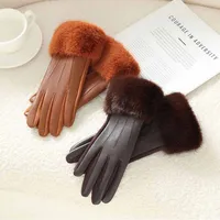 Gants de poignet en cuir PU pour femmes, manchette de garniture en fausse fourrure douce, gants de luxe, écran tactile chaud, conduite, cyclisme, élégant, mode, fête, hiver 3