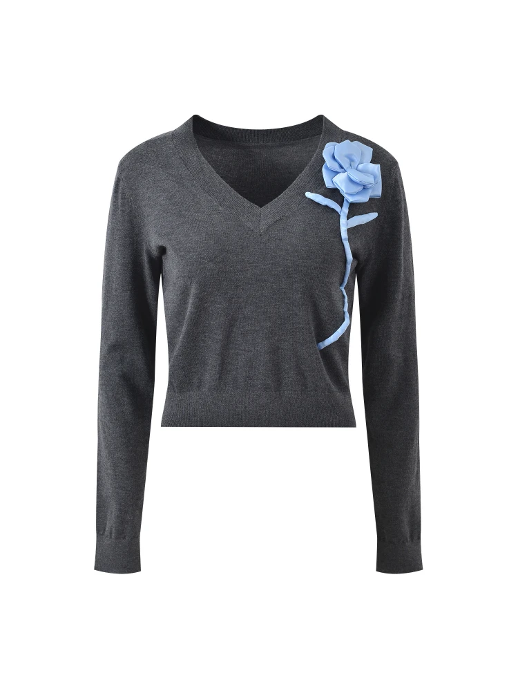 High-End Version V-Ne Knitwear Blue Flower 3D ey Top Faionable Versatile Summer Long Sve Regular Length Ladies Sweater