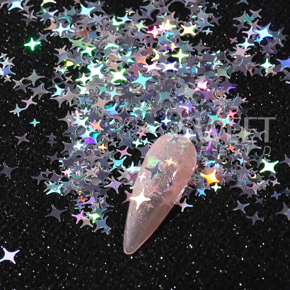 3 Bags Holographic Silver Glitter Nail Art Sequins Sparkly Four-pointed Star Shape Flakes Bright Paillette Manicure Decor Slices