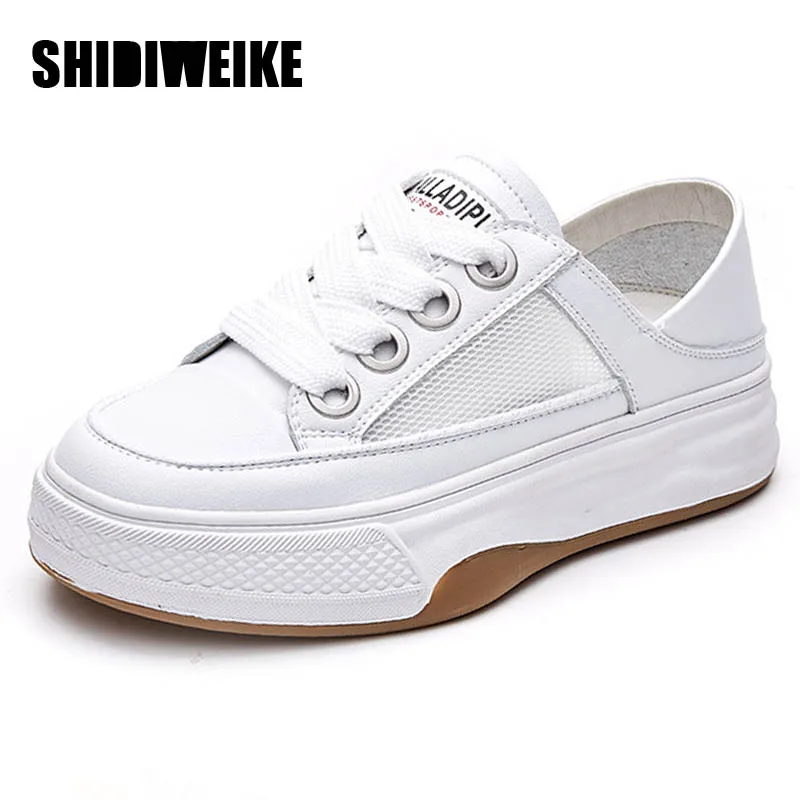 

SDWK 4CM Women Sneakers Women's Vulcanize Shoes Breathable Flats Solid Color Mesh Shoes Genuine leather Woman Casual White Shoes