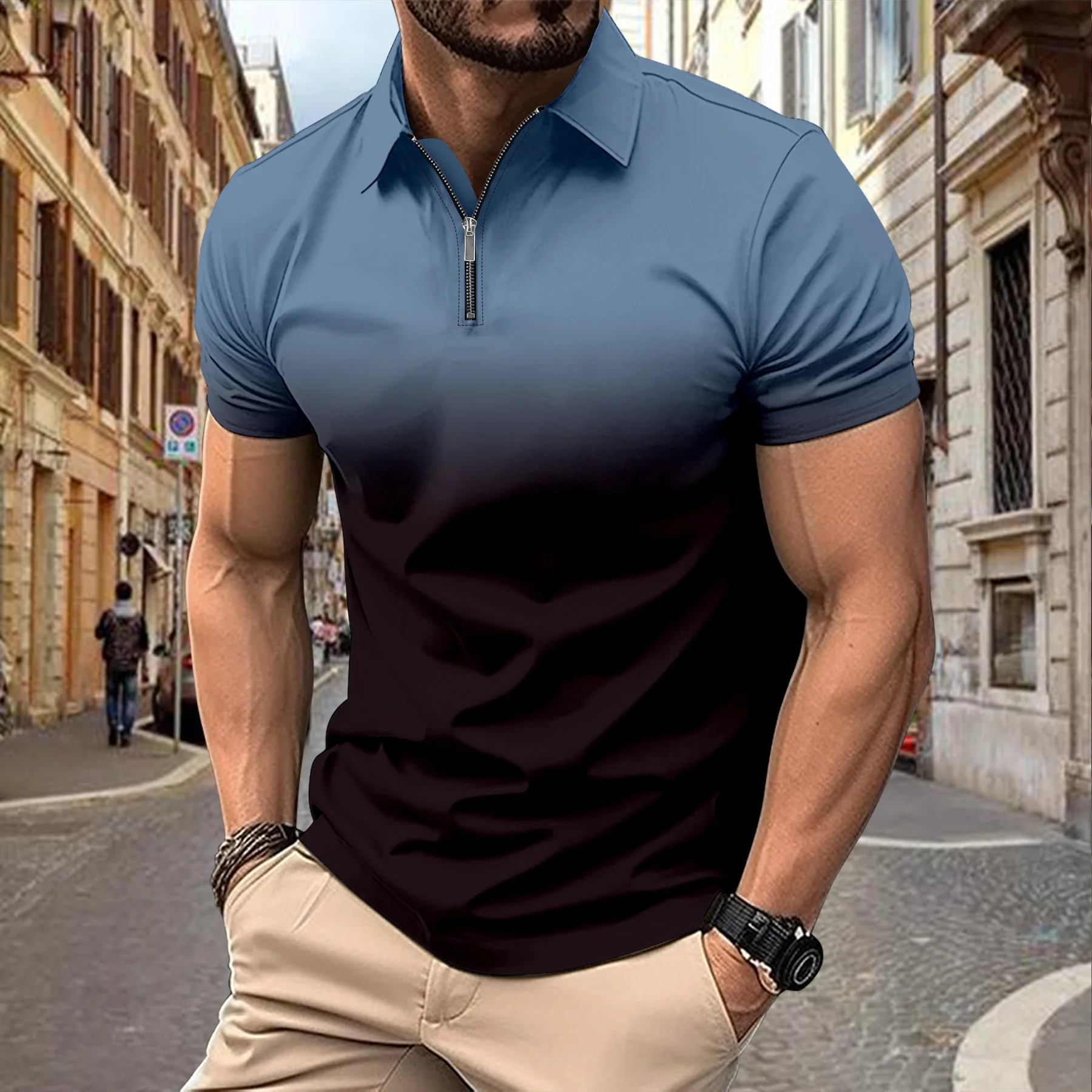 Fashionable mens summer striped T-shirt color blocked 3D digital printing zipper polo shirt business casuallapelshortsleevedpolo 9 S9eca7a5de0344908949f0ac51fef96ebf