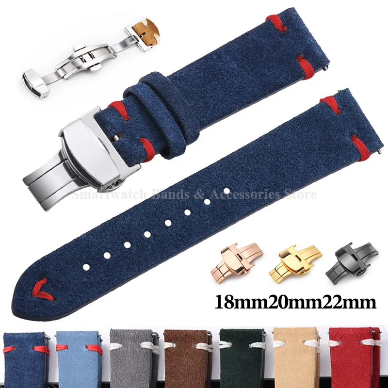 Vintage Handmade Suede Stitch Leather Watch Strap with Quick Release and Folding Clasp