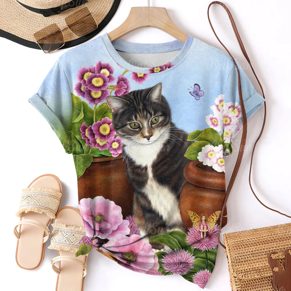 2024TopWomenCatPrintWomensTShirtPlusSizeTShirtDesigner