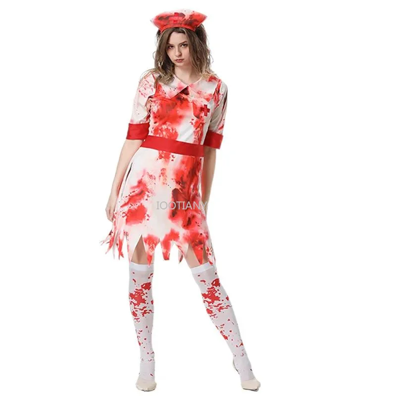 

2024 Horror Bloody Nurse Cosplay Costume Halloween Bloodstained Female Nurse Vampire Zombie Roleplay Costumes Masquerad Dress Up