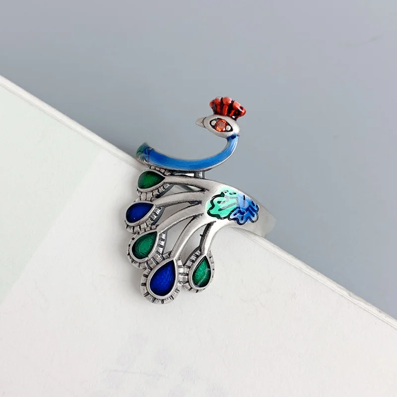 Monkton Wholesale 925 Sterling Silver Color Peacock Rings for Women Jewelry Live Burn Blue Craft Phoenix Animal Ring 2023 Trend