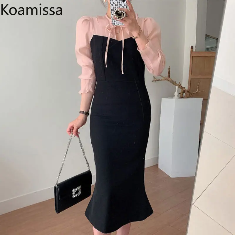 

Koamissa Fashion Women Fake Two Piece Dress Office Lady Long Sleeves O-neck Mermaid Female Elegant Slim A Line Bodycon Vestidos