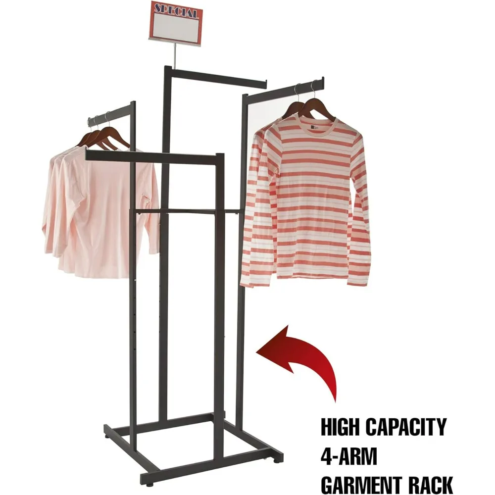 Adjustable 4-Way Garment Rack with Straight Arms, Rectangular Tubing, and Matte Black Finish