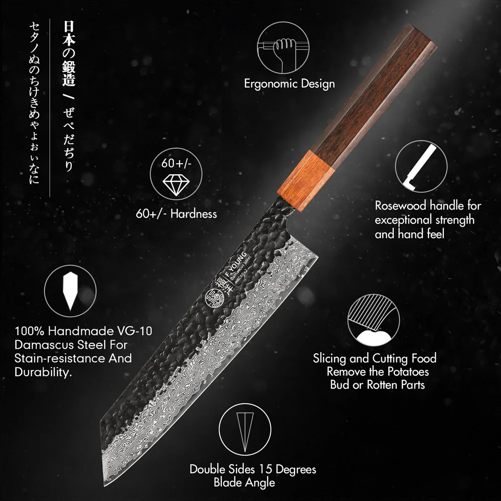 F.YOUNG 8.2" Japanese Kiritsuke Chef Knife Damascus Steel Sharp Meat Vegetable Cleaver VG10 Handmade Professional Kitchen Knives