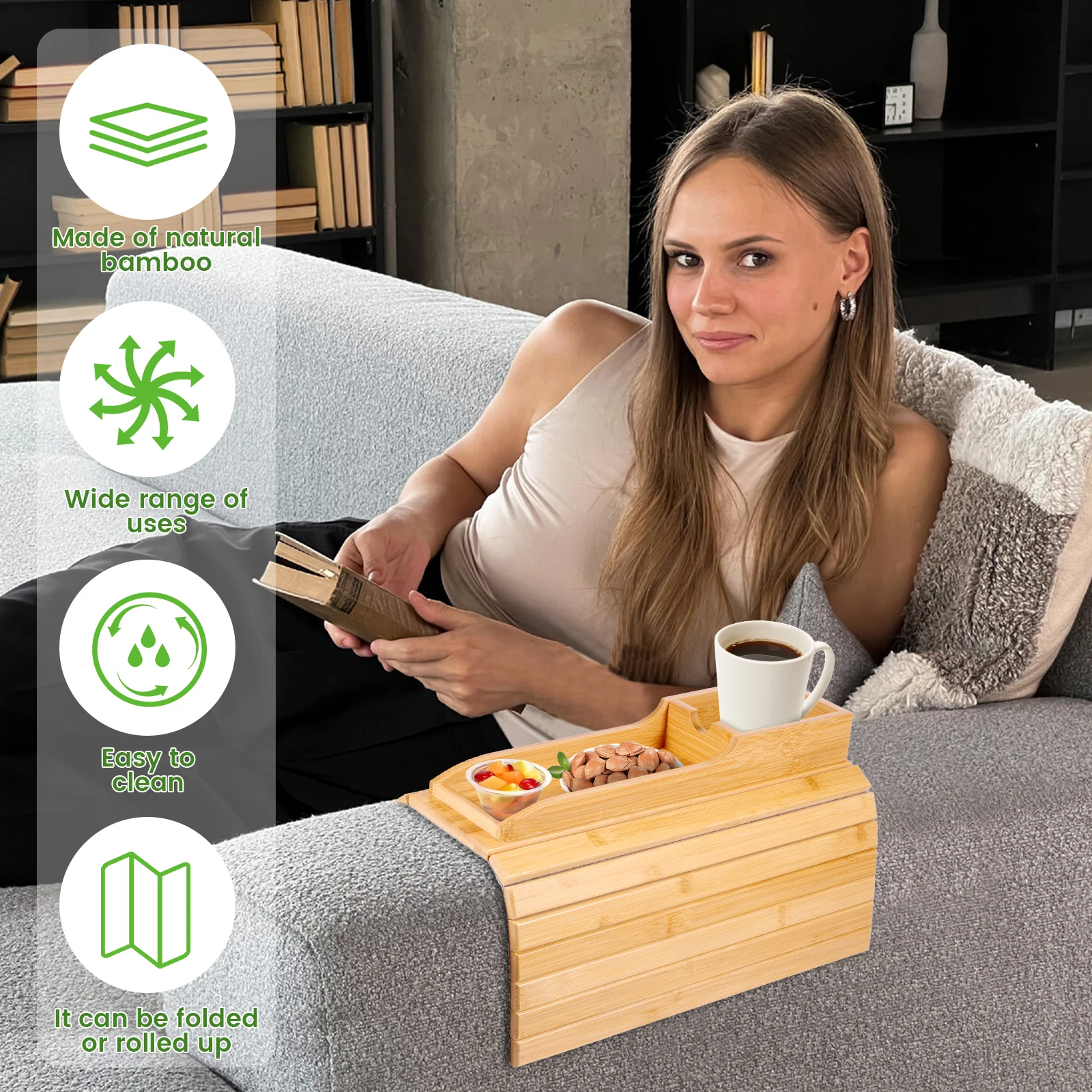 Couch Cup Holder Natural Anti-Slip Bamboo Sofa Armrest Tray