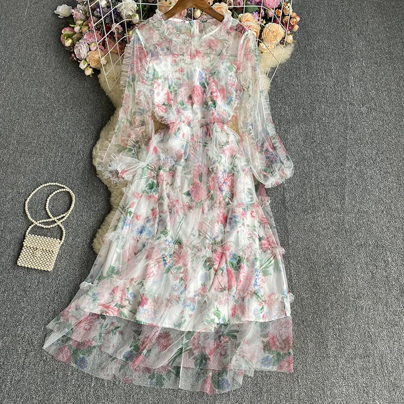 

VANOVICH Korean Style Sweet Gauze Edible Tree Fungus Patchwork Floral A-line Dress Spring Lantern Sleeve Waist Slim Long Dress