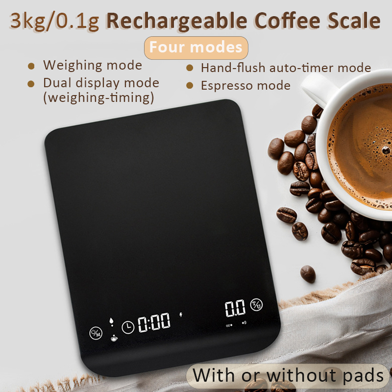 Rechargable Digital Coffee Scale with Timer Espresso Coffee Food Scale 3kg/0.1g High Precision Measures in g/Oz Kitchen Scale