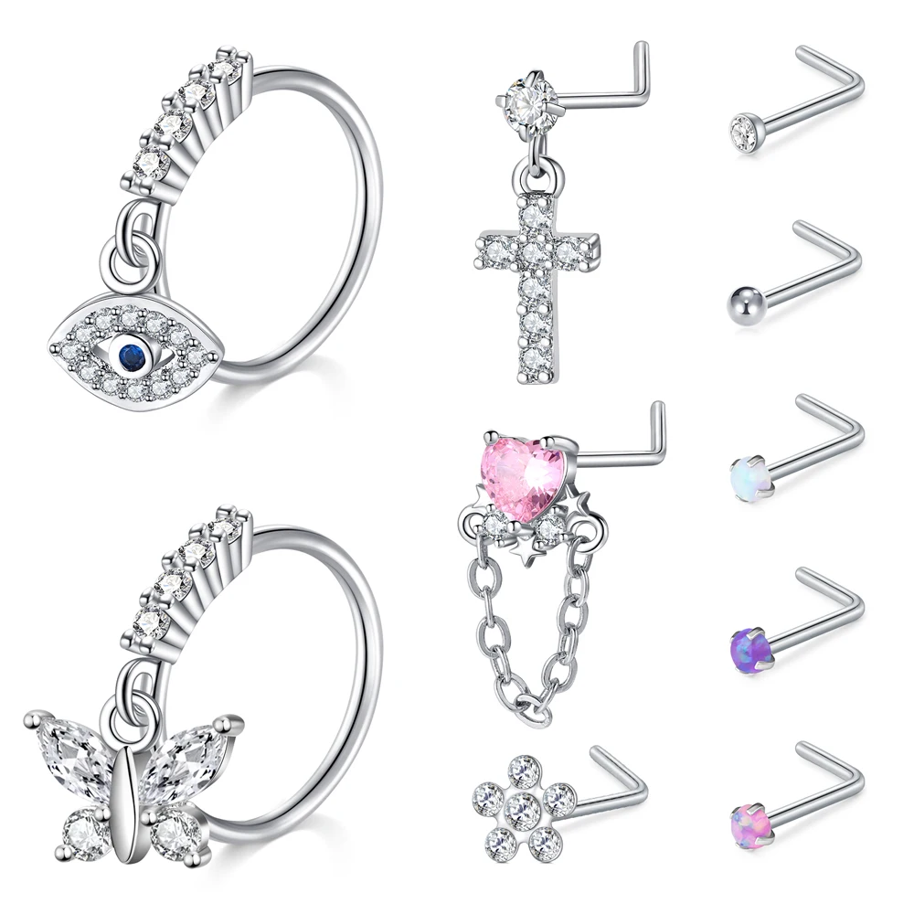 10Pcs Nose Rings Studs for Women Surgical Steel 18/20G Nose Hoop Corkscrew L Shaped Nose Stud Nose Ring Nose Piercing Jewelry