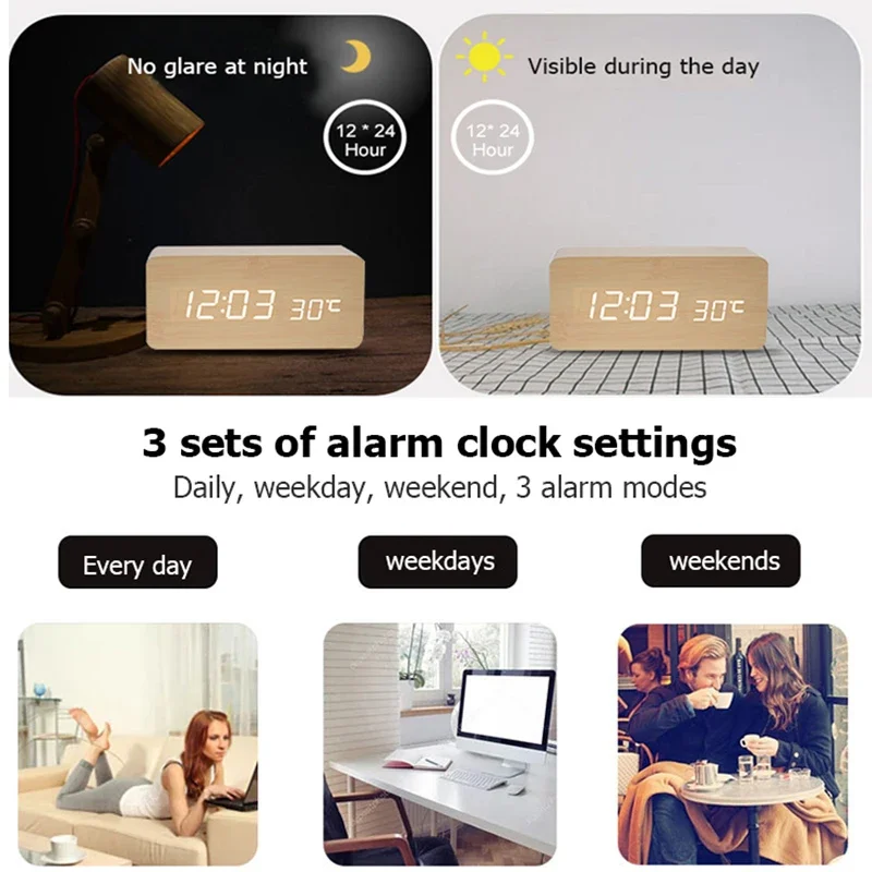 Digital Clock Weather Clock LCD Digital Clock Digital Desk Clock Digital Table Clock Mini Desk Clock Mini Weather Clock Flipping Clock Wall Clocks Retro Desk Clock Wooden Digital Alarm LED With Temperature Adjustment Table Bedroom Decoration Watch Bedside Desk