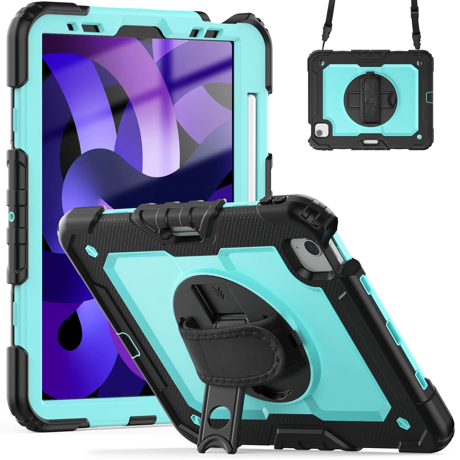 Shockproof Tablet Case with Screen Protector and 360° Rotating Hand Strap, Featuring Pencil Holder