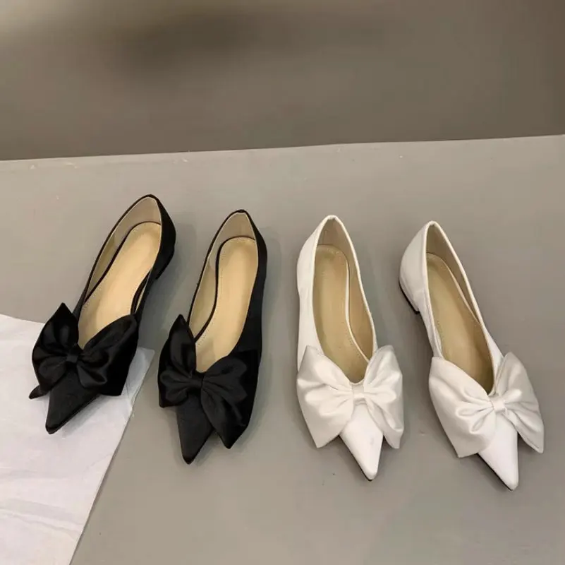 Flat Shoes for Women Plus Size 43 44 Spring  Autumn New Style Pointed Toe Bow Black Ladies Shoes  Loafers  Women Shoes 2