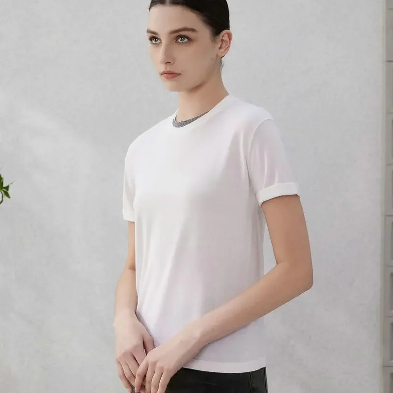 

Women 2024 Spring Summer New Silk Wool Round Neck Beaded Short-sleeved T-shirt