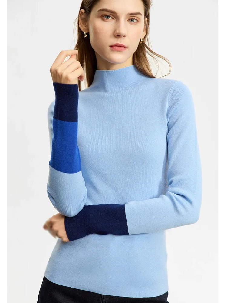 

AMII Minimalist 2023 Winter New Sweaters for Women Office Lady Basics Half High Collar Color Contrast Slim Pullovers 12324067