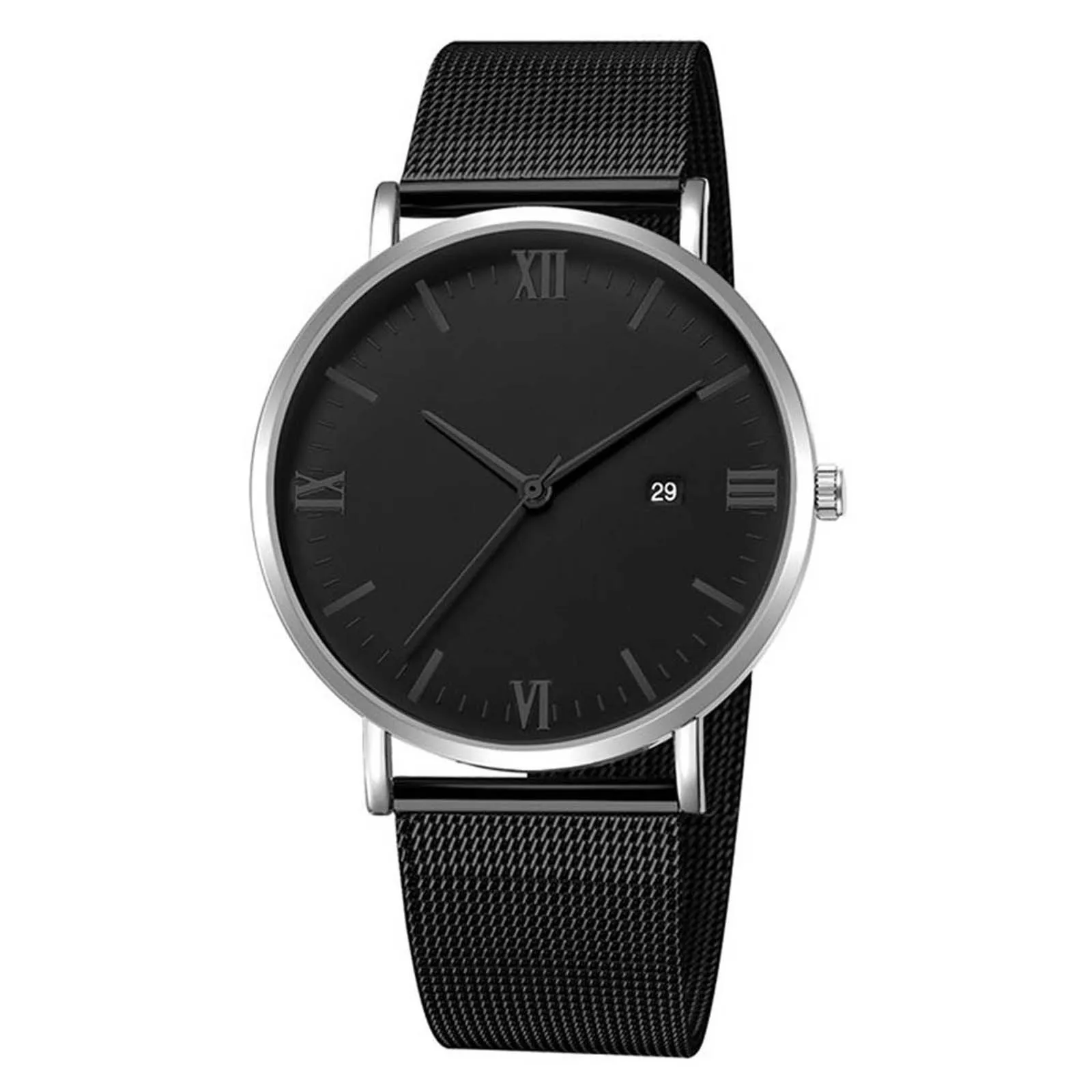 Mens Stainless Steel Mesh Belt Quartz Calendar Watch Luxury Fashion