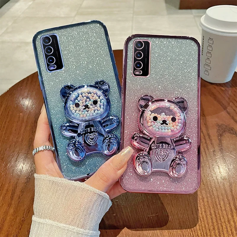 Silicone Bling Electroplated TPU Case with Bear Stand and Glitter Design