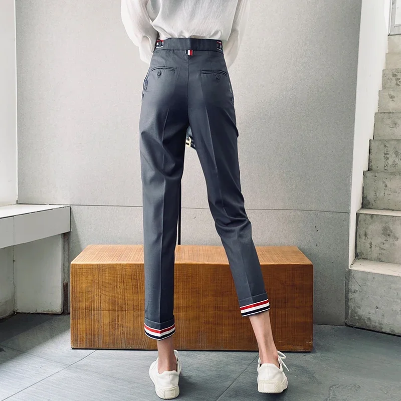 여성용 클래식 TB 스트라이프 나인 포인트 팬츠, 블랙 스트레이트 레그 팬츠, 캐주얼 그레이 세트 팬츠, 한국 패션, 가을 신상