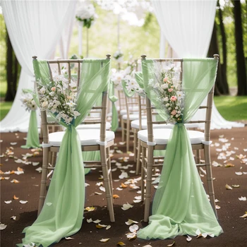 10/50 pièces 17x250cm vert sauge en mousseline de soie chaise ceintures ceinture chaise de mariage couvre ruban fête de mariage allée chaise décor 1