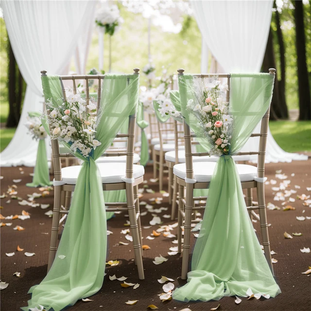 10/50 pièces 17x250cm vert sauge en mousseline de soie chaise ceintures ceinture chaise de mariage couvre ruban fête de mariage allée chaise décor 1