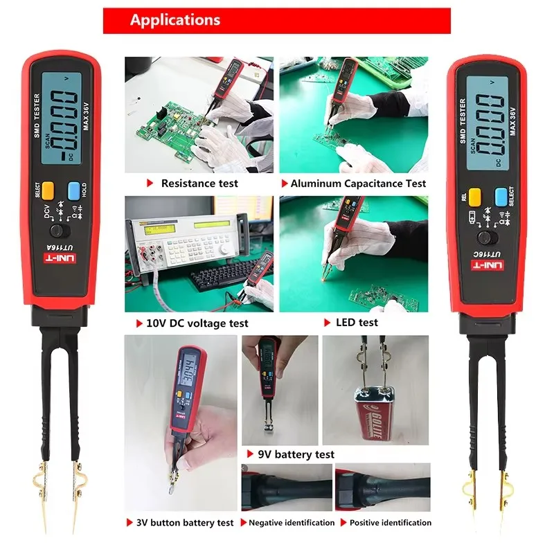 UNI-T SMD 테스터 디지털 스마트 핀셋, 36V 전압 배터리, LED 다이오드 저항기, 캐패시터 부품 측정 도구, UT116C