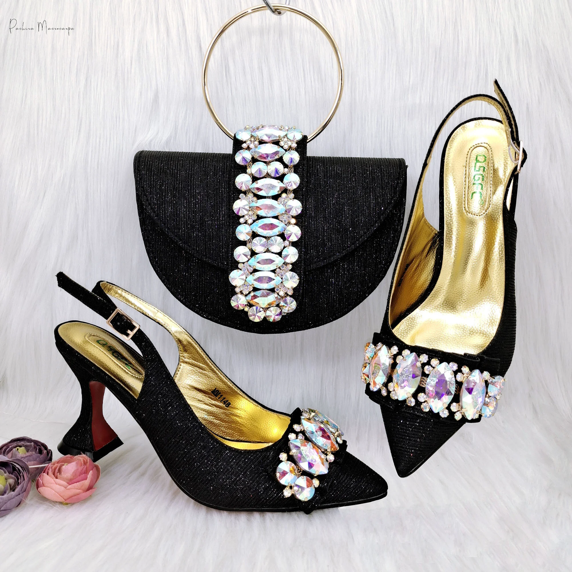 

PM 2023 Nigeria Shoes And Bag!Italian Design Metal Ring Shiny Rhinestone Black Color Saddle Bag And Wine Glass Heels For Parties