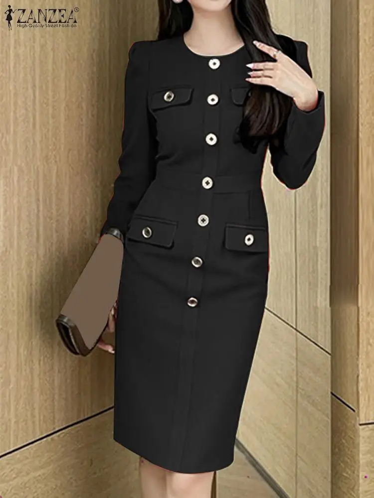 

Fashion Pencil Dresses ZANZEA Elegant Party Sundress Women Autumn Long Sleeve Dress Casual OL Work Vestidos Holiday Robe Femme