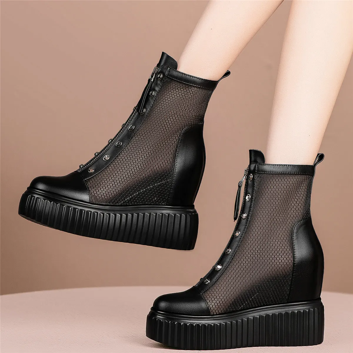 

Height Increasing Platform Shoe Women's Genuine Leather Sandals Ankle Boots Wedge High Heels Punk Goth Creeper Oxfords Front Zip
