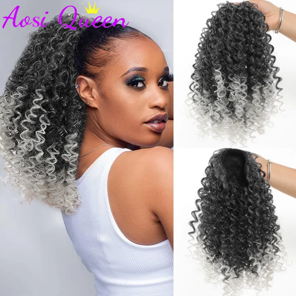 14'' Kinky Curly Ponytail Hair for Women Short Fluffy Curly Drawstring Ponytail Natural Synthetic Afro Curly Fake Tail Hairpiece