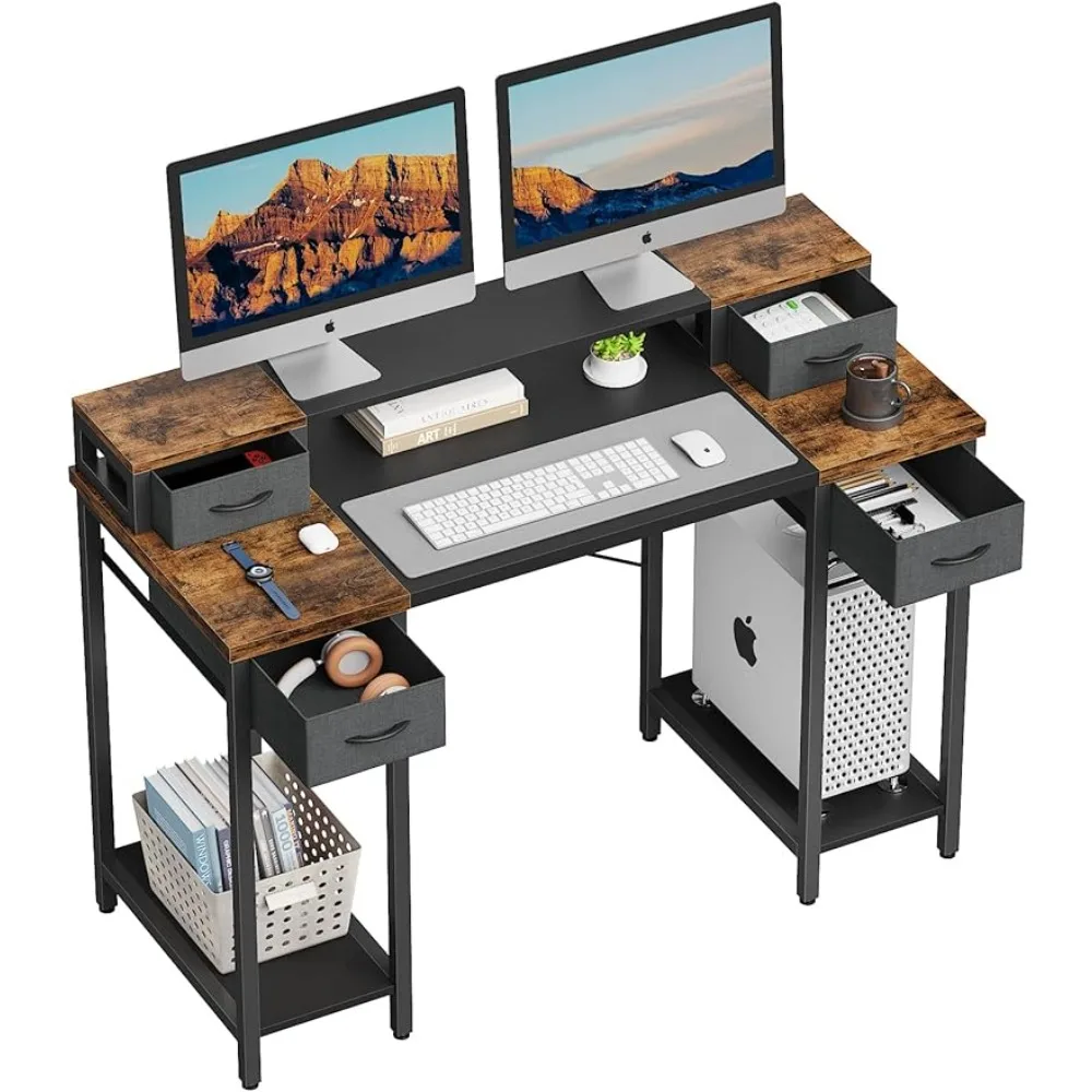 

YAOHUOO Computer Desk with Dual Monitor Stands - 48"/120 Office Desk Writing Desk with 4 Drawers and Keyboard Storage