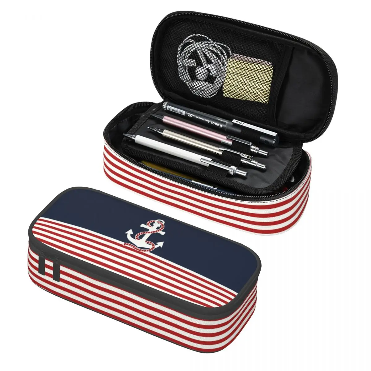 Navy Blue Stripes Nautical Anchor Boat Pencil Case for Boys Gilrs Big Capacity Pen Bag Box School Accessories