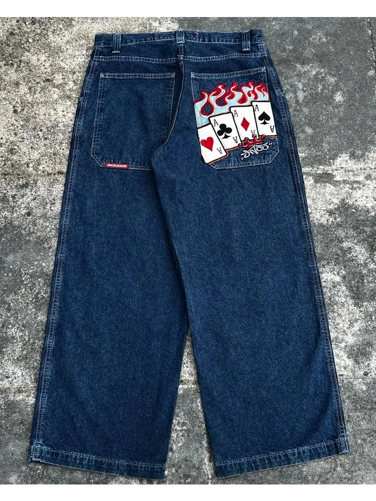 

Джинсы JNCO Y2K мужские в стиле хип-хоп с графической вышивкой в стиле ретро, синие мешковатые джинсы, джинсовые брюки с завышенной талией, широкие брюки