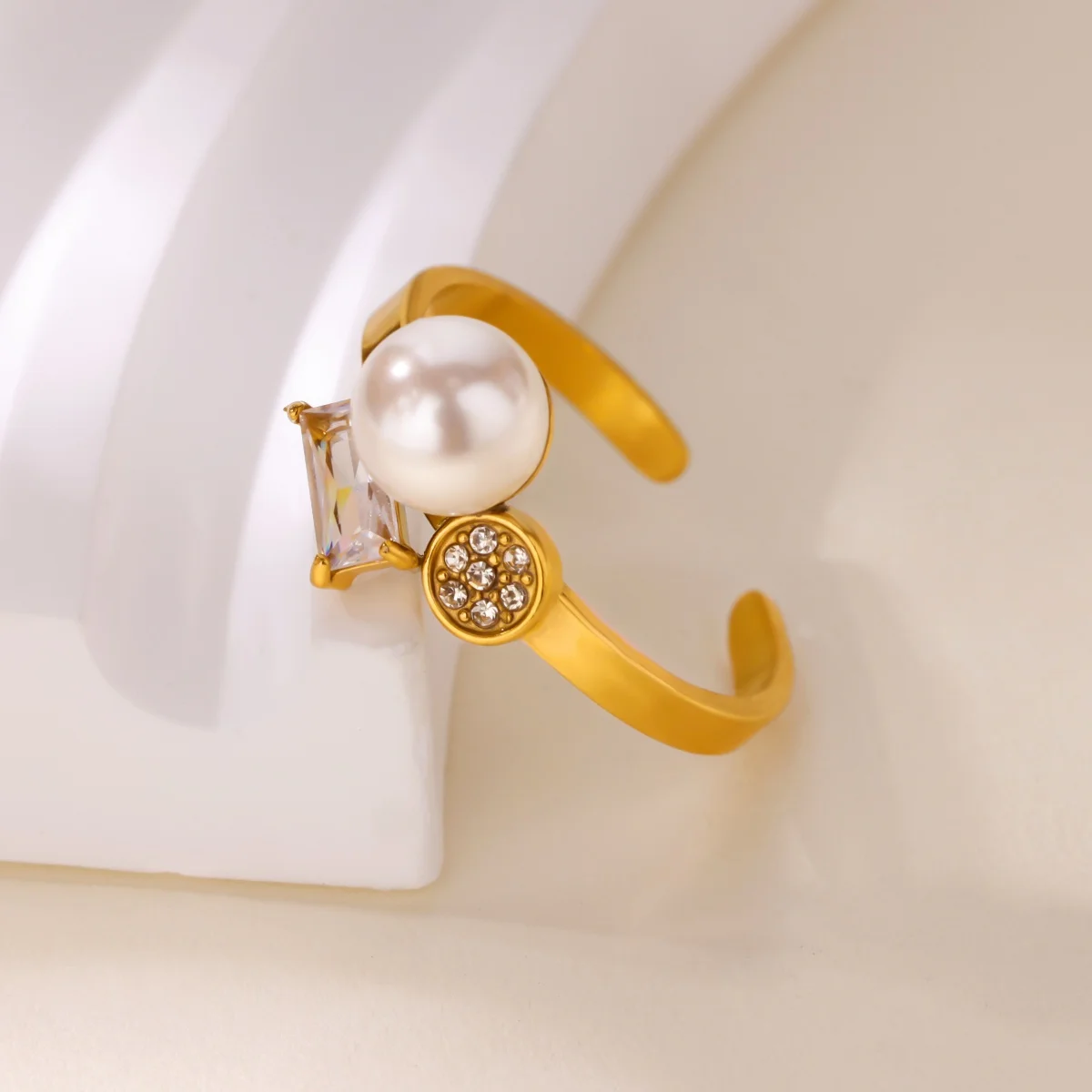 Zircon Imitation Pearls Rings Gold Stainless Steel