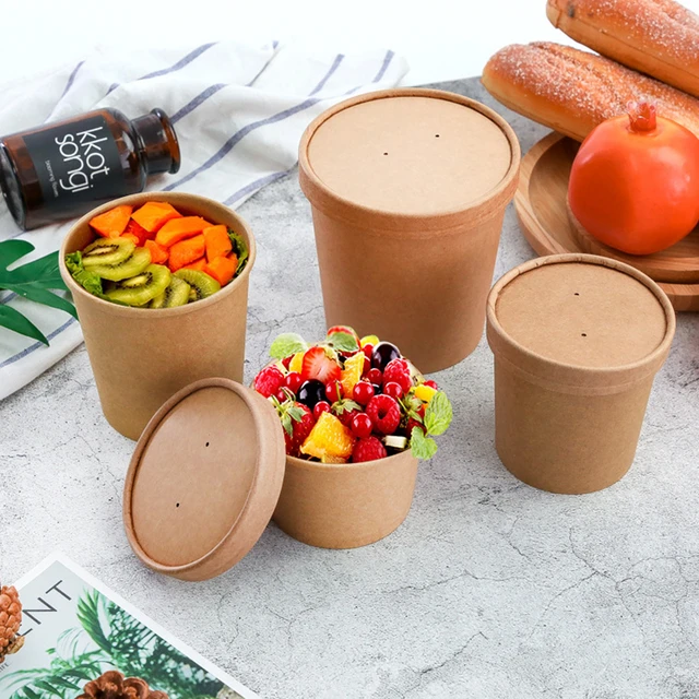 Soup Cups Paper Containers Kraft Food Disposable Go To Bowls Ice Cream Cup  Lids Compostable Recyclable Hot With - AliExpress