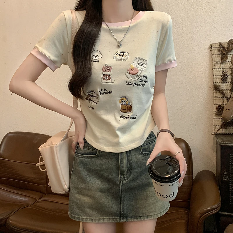 

Colourful Dot Ribbed T-shirt Summer 2024 Embroidered Slim Fit Cropped Contrast Colour Round Neck Top Cartoon Tees