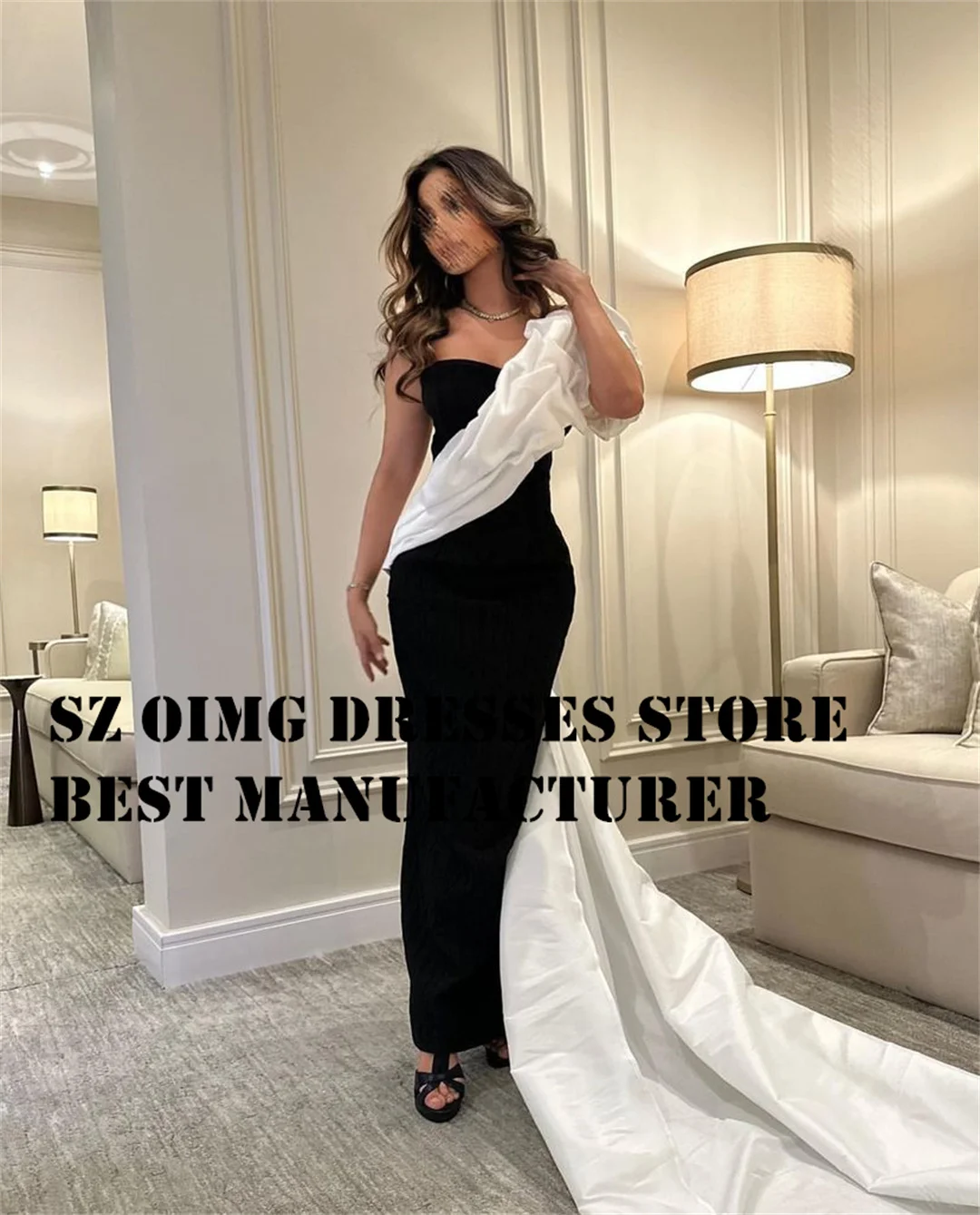 

OIMGS Elegant Prom Dresse One-Shoulder Floor Length White Black Mermaid Women Ruffles Evening Gowns Formal Party Dress