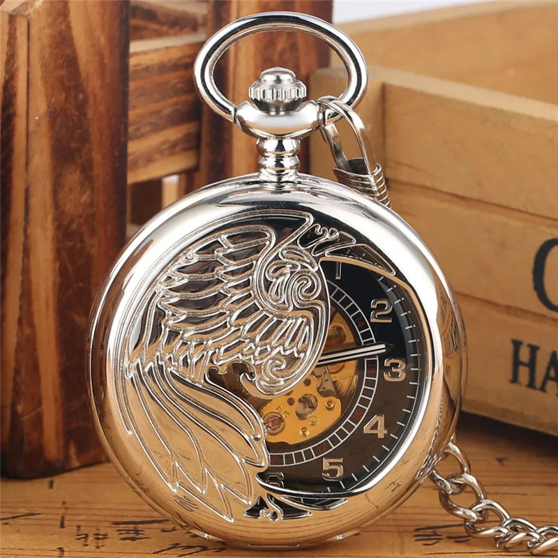 Retro Silver Hollow Phoenix Automatic Mechanical Self Wind Pocket Watch Arabic Number Dial Fob Pendant Chain Watches Clock Gift black retro eagle display mechanical hand winding pocket watch arabic numerals dial manual mechanism pendant pocket clock