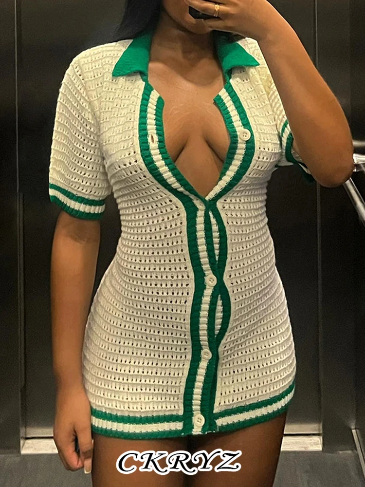 

Ckryz-Women's Knitted Mini Dress, Short Sleeve, V-Neck, Sexy Bodycon Stretchy Vacation, Clubwear Y2K Clothes Summer, New Fashion