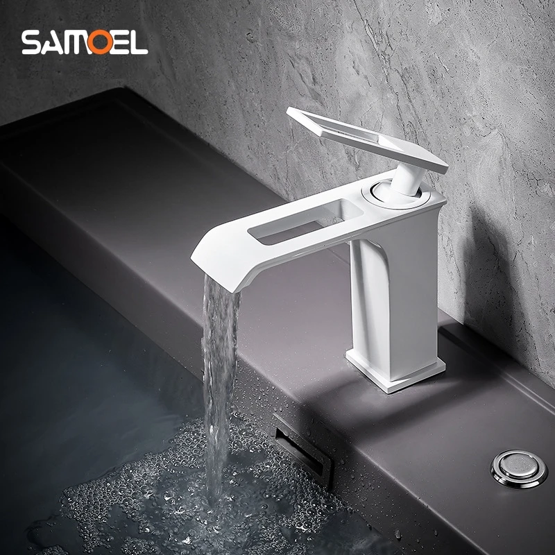 

Bathroom Basin Faucet White/Chrome/Gold/Black/Grey Mixer Taps Single Handle with Hole Waterfall Spout Faucets Deck Mounted W3066