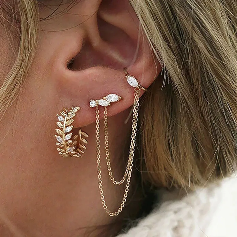 Boucles d'oreilles coréennes couleur or Double chaîne, Piercing d'oreille pour femmes, style Boho, Zircon fin, bijoux à la mode
