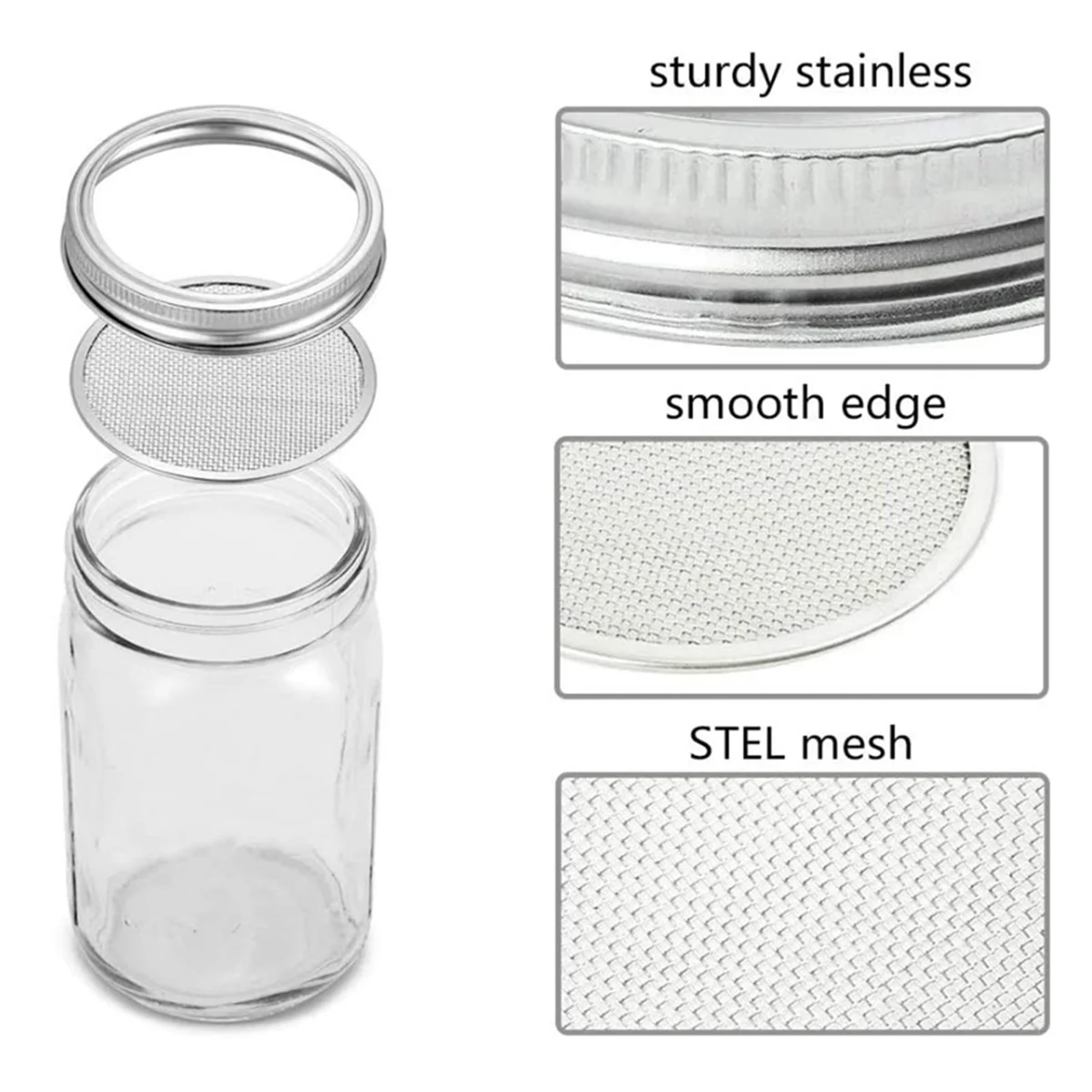 4 Pack Stainless Steel Sprouting Jar Lid for Wide and Wide Mouth Mason Jar for Growing Sprouts