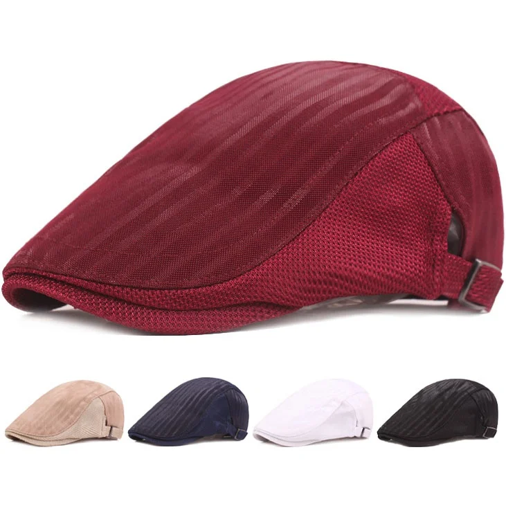 

Men Striped Mesh Flat Cap Adjustable Breathable Summer Newsboy Hat Beret Cabbie Ivy Hat Gatsby Newsboy Hat