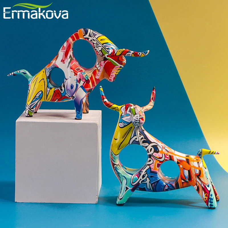 

ERMAKOVA Colorful Cattle Animal Ox Statue Home Decor Living Room Bull Sculpture TV Cabinet Ornament Crafts Abstract Figurine