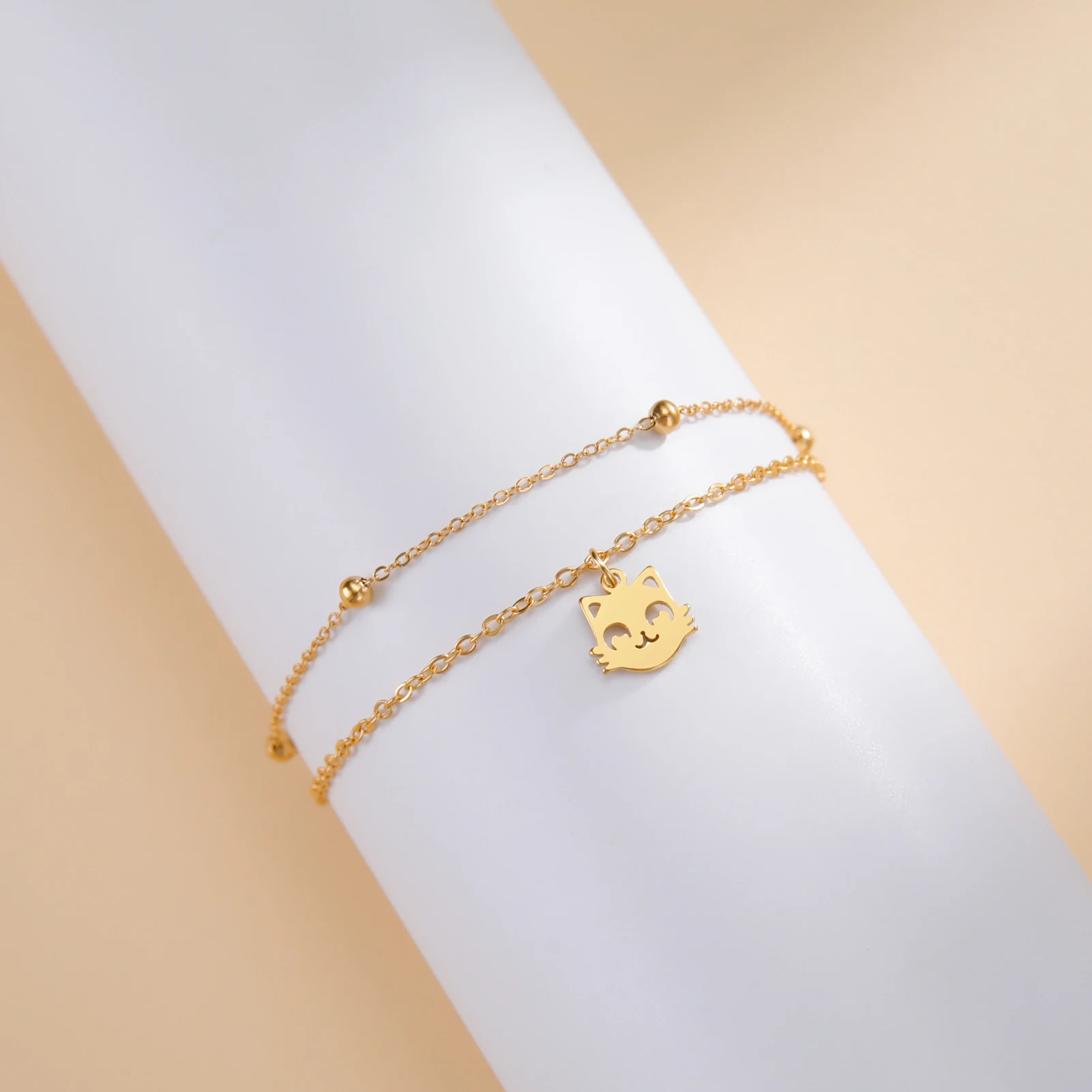 Cute Cat Kitten Head Bracelet for Women Stainless Steel Animal Double Chain Bracelet on Hand Jewelry - PeticaDeals